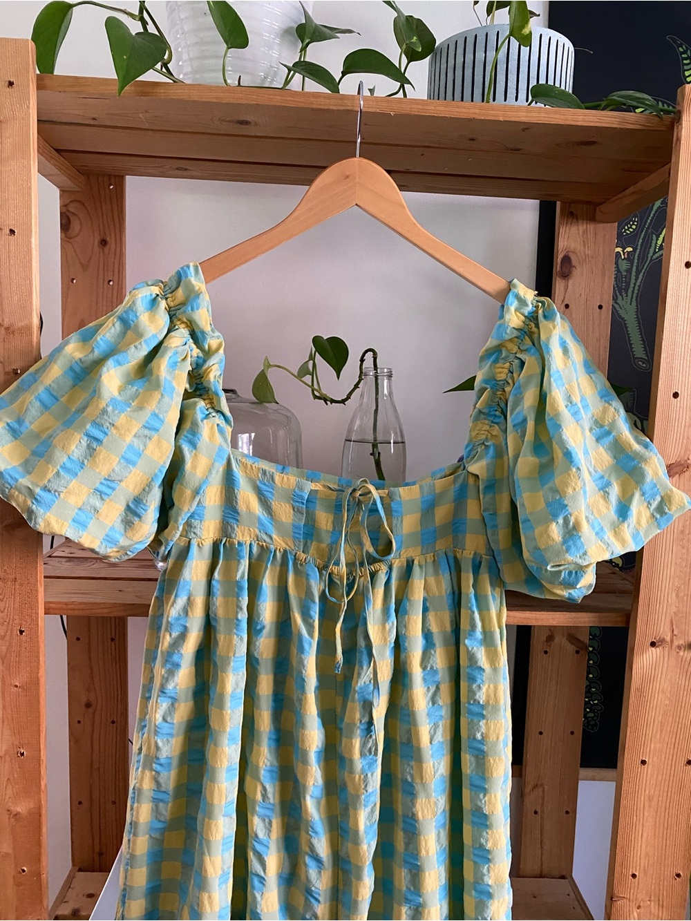 Zara Blue Yellow Gingham Plaid Seersucker Midi Maxi Dress XS - Picture 12 of 16